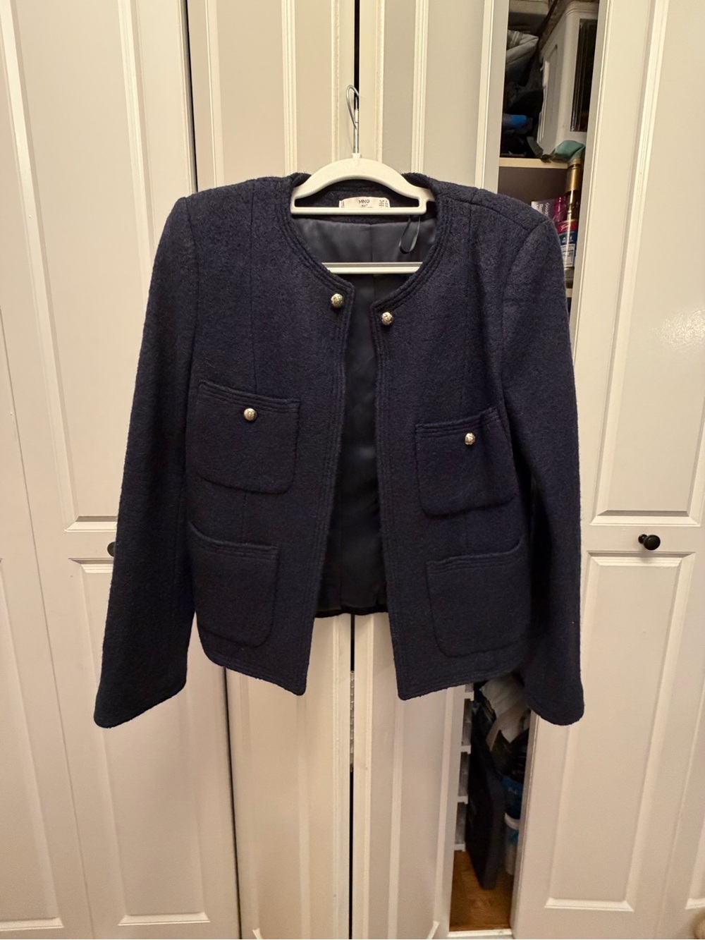 Mango Navy Bouclé Pocket Blazer